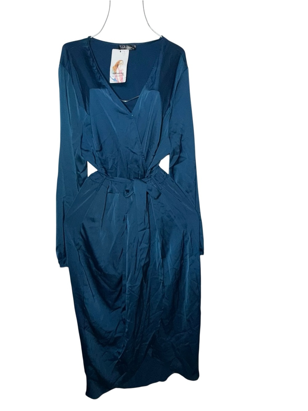 Long Sleeve Wrap Midi Dress in Teal with Tie Waist